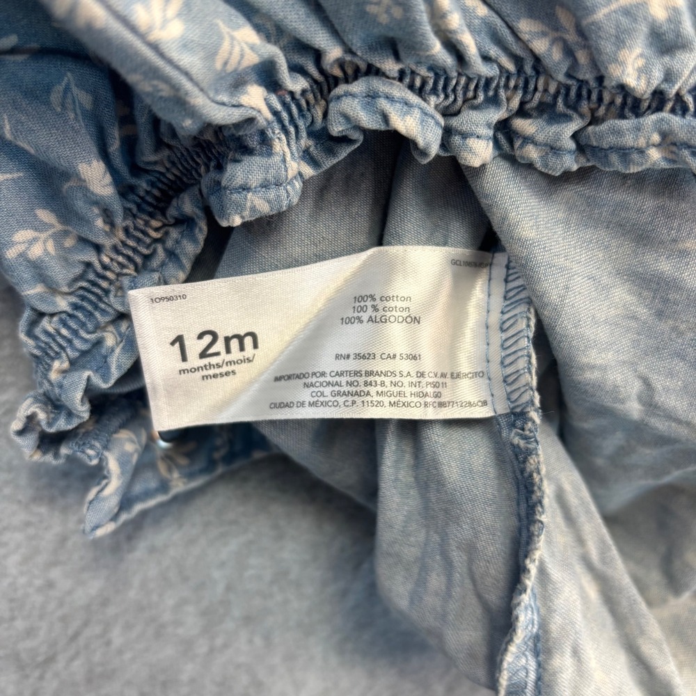 Carters Baby‎ Girls Blue Floral Denim Ruffle Romper Jumpsuit 12 Months - Picture 5 of 6